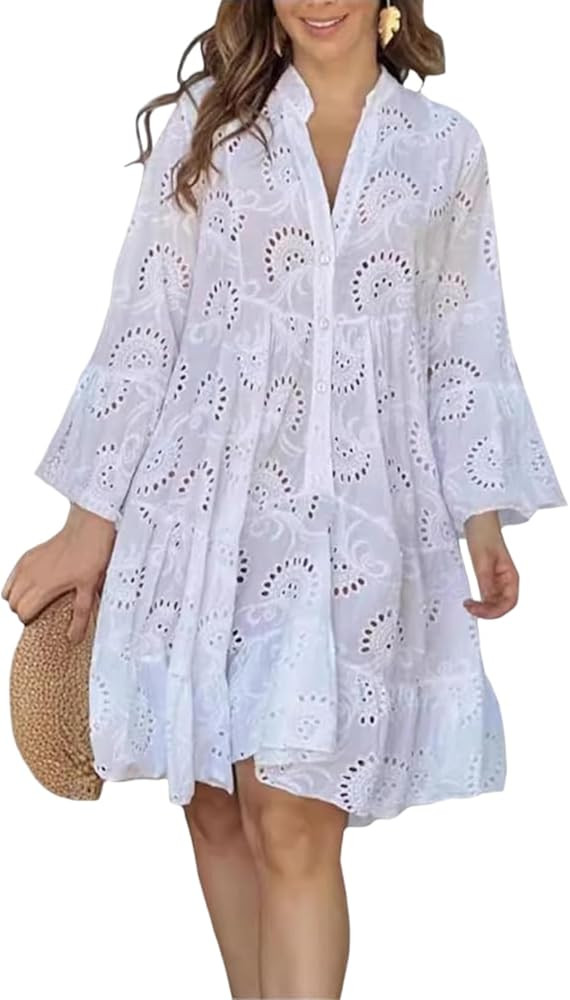 White Floral Dress for Women Hollow Out Lace Boho Solid V Neck Long Sleeve Button Down Midi Dress | Amazon (US)