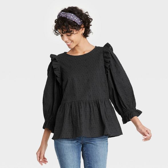 Women's Puff 3/4 Sleeve Embroidered Ruffle Top - Universal Thread™ | Target