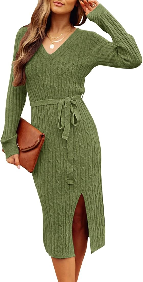 MEROKEETY Women's V Neck Cable Knit Sweater Dress Long Sleeve Bodycon Slit Pullover Midi Dress with  | Amazon (US)