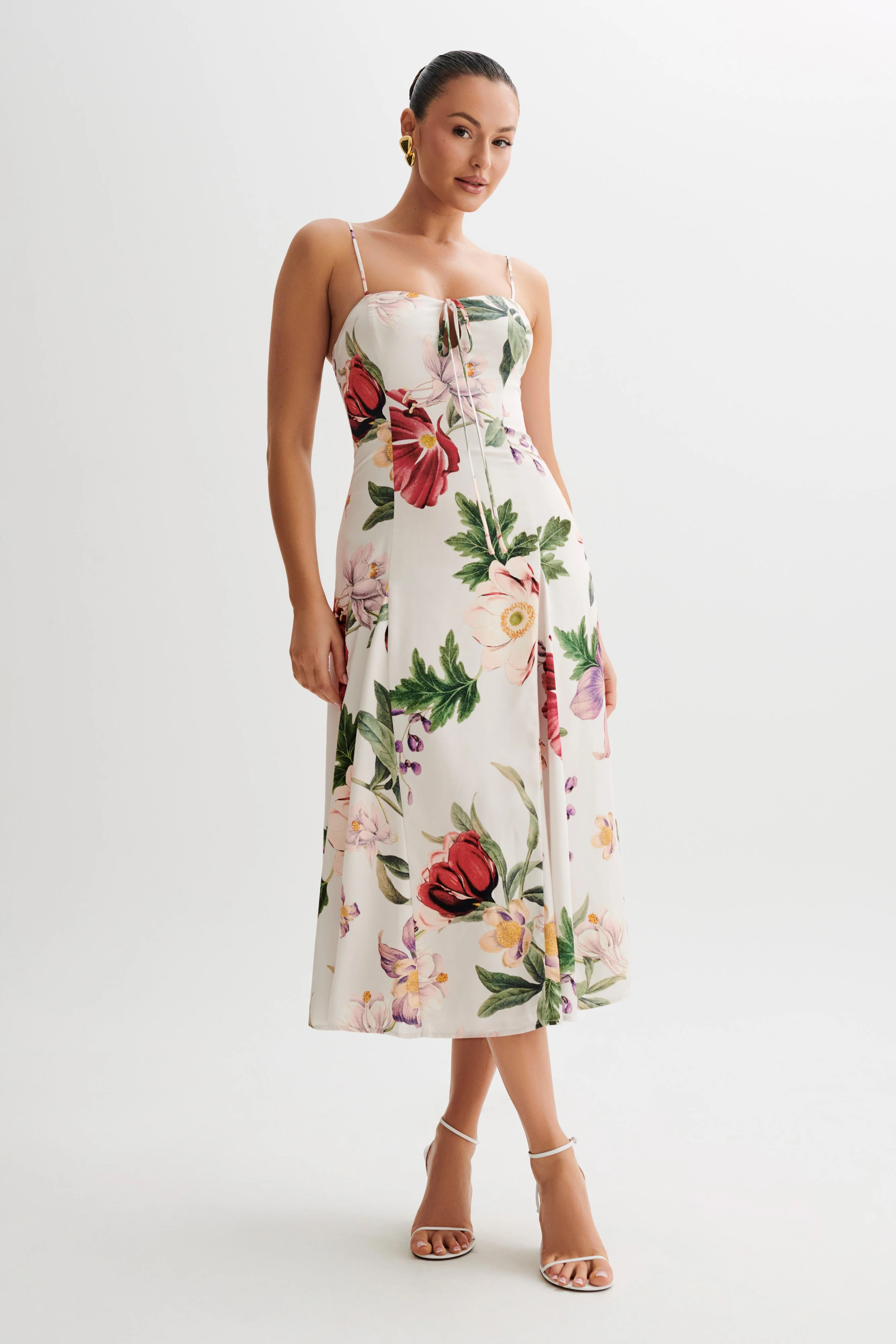 Luciana Satin Midi Dress - Bella Rosa Print | MESHKI US