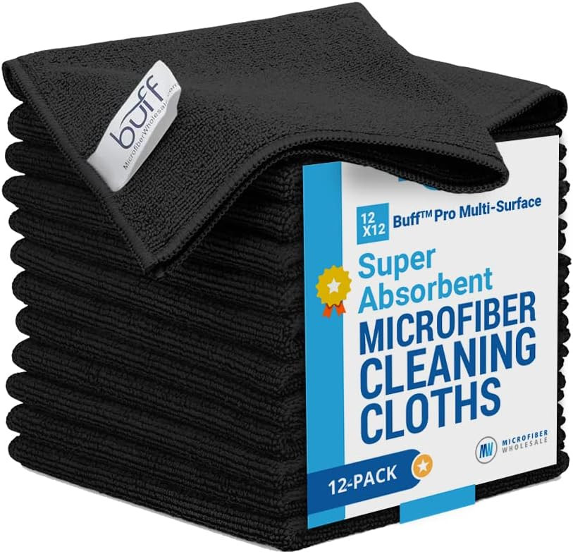 12" x 12" Buff Pro Multi-Surface Microfiber Cleaning Cloths | Black - 12 Pack | Premium Microfiber T | Amazon (US)