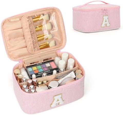 OCHEAL Makeup Bag for Women, Monogram Cosmetic Bag with Brush Holder, Pink Travel Makeup Case Bea... | Amazon (US)