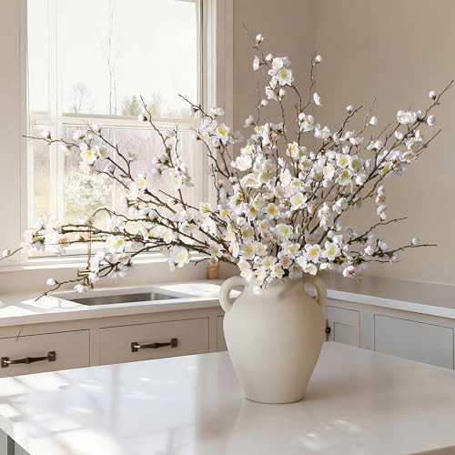 florisso 6 PCS Artificial Cherry Blossom Branches Spring Indoor Decoration, Faux Flowers 34.45" Long Stems Plum Fake Peach Plants Real Touch Silk for Wedding Home Bedroom Party Table Office, White | Amazon (US)