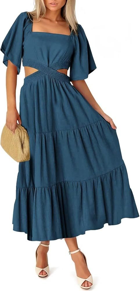 Women's Casual Backless Short Sleeve Square Neck Tiered Ruffle Cut Out Dresses, S-XL | Amazon (US)