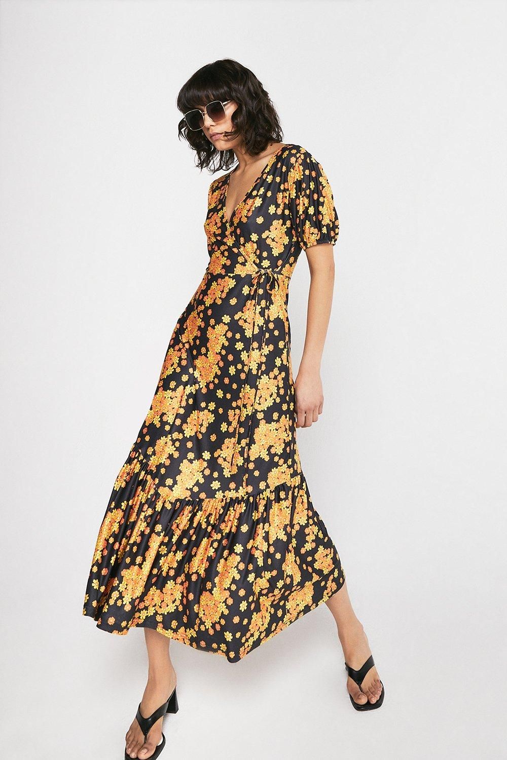 Printed Wrap Front V Neck Dress | Warehouse UK & IE