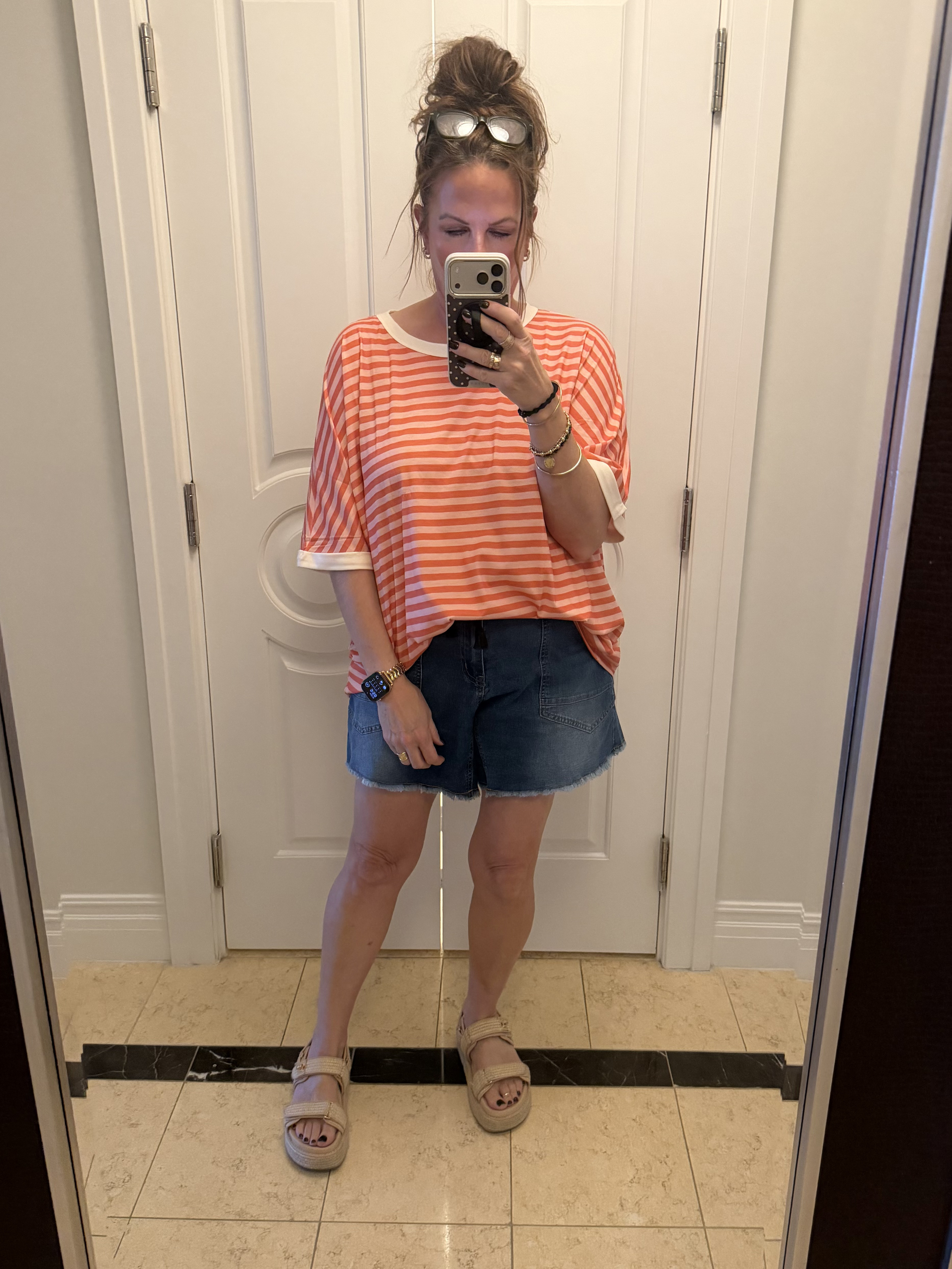 This was one of my vacation outfits of the day. I love this flowy striped top with warm colors that I can wear from Summer into Fall. I also love these cozy shorts with a drawstring.  

 #LTKSeasonal #LTKMidsize #LTKTravel