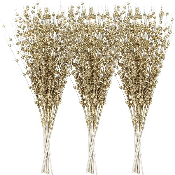 Efivs Arts 10 Pack Golden Artificial Glitter Berry Stem Ornaments 19.7 Inches Fake Christmas Picks D | Amazon (US)