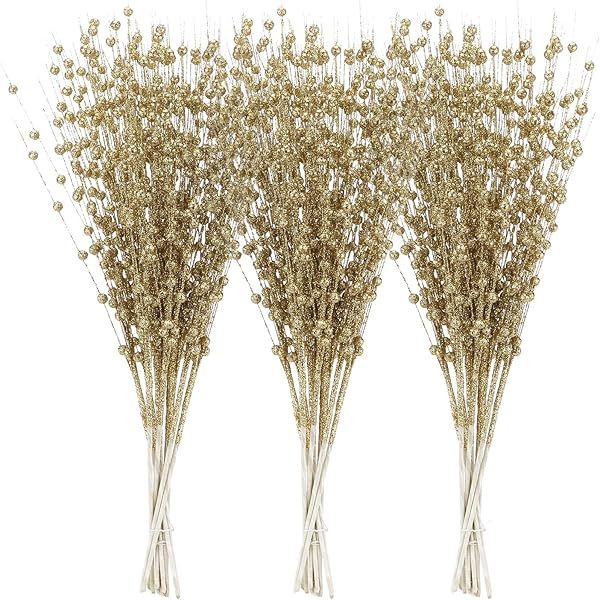 Efivs Arts 10 Pack Golden Artificial Glitter Berry Stem Ornaments 19.7 Inches Fake Christmas Picks D | Amazon (US)