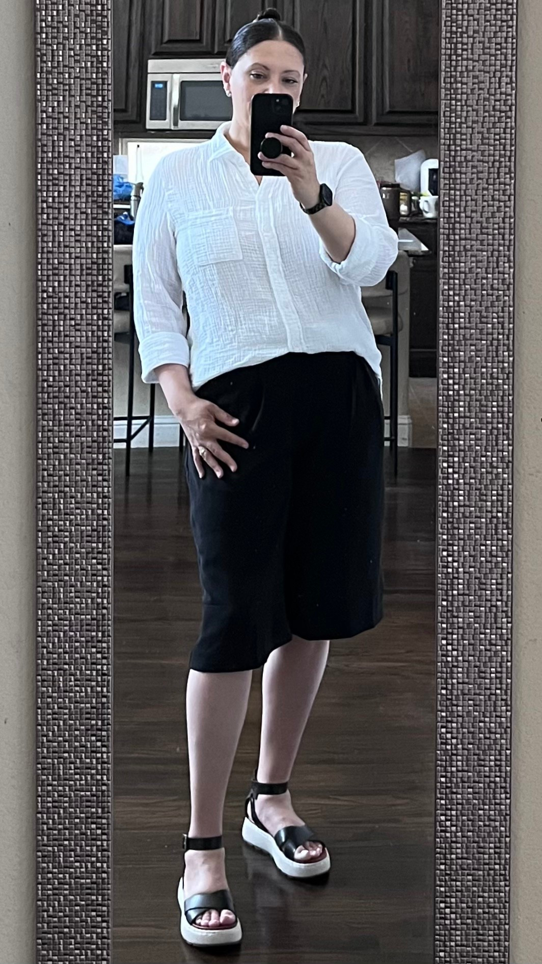 Double gauze shirt, tailored bermudas, and cushiony sandals.

#LTKSeasonal #LTKSaleAlert #LTKMidsize