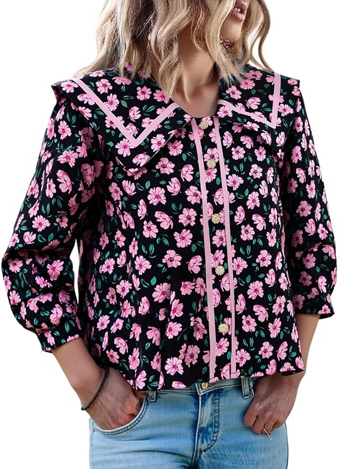 Cicy Bell Womens Floral Button Down Shirts Trendy Casual 3/4 Lantern Sleeve Blouse Square Neck Co... | Amazon (US)