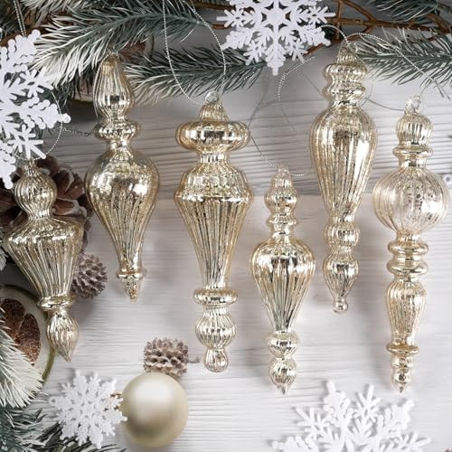Mercury Glass Christmas Tree Decorations, 12Pcs Hanging Finial Ornaments, Vintage Decorative Glas... | Amazon (US)