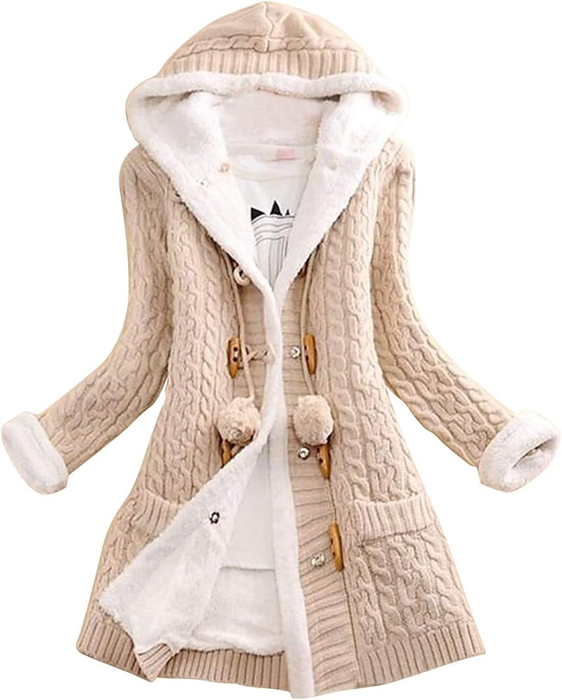 Women Cable Knit Cardigan Sweater Chunky Open Front Outwear Long Sleeve Fleece Lined Warm Hooded ... | Amazon (US)