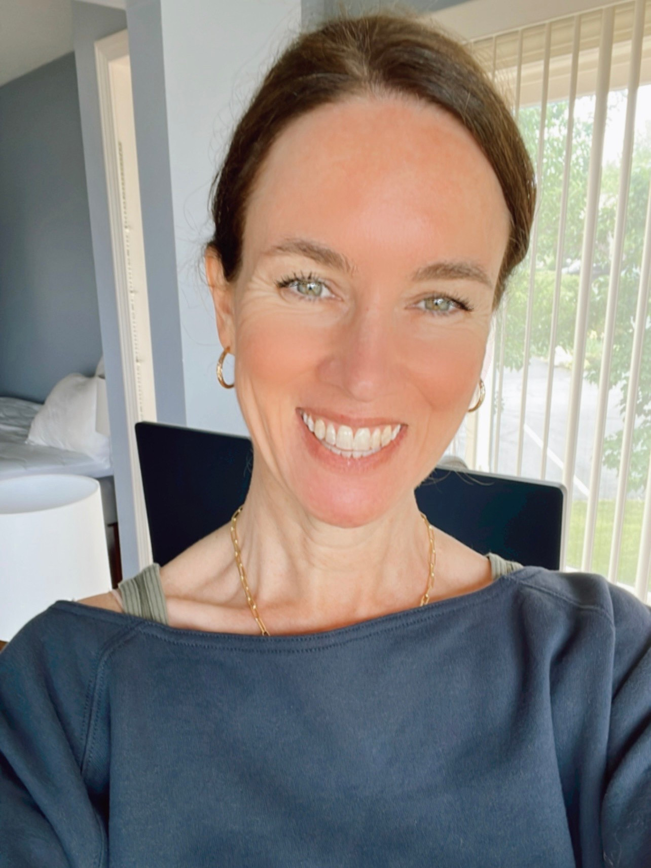 Off the shoulder navy blue sweatshirt with olive khaki green ribbed tank top for summer - gold hoops - over 40 style #navysweatshirt #oldnavy #hollister 

#LTKFindsUnder50 #LTKOver40 #LTKSaleAlert