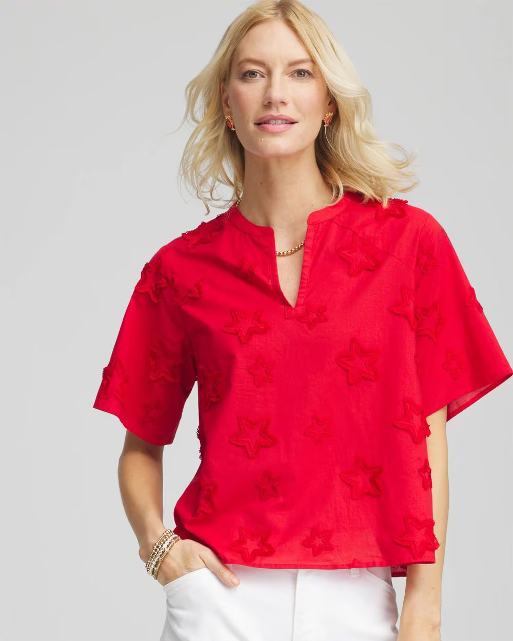 Embroidered Star Split Neck Blouse | Chico's