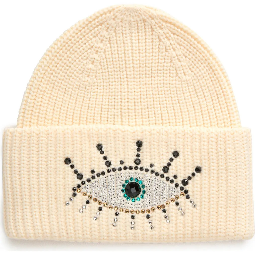Kurt Geiger London Beaded Evil Eye Beanie in Bone at Nordstrom Rack | Nordstrom Rack