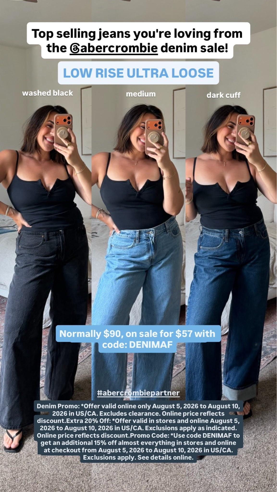 @abercrombie iconic denim sale is here #abercrombiepartner ACT FAST, sell out risk. Code DENIMAF stacks for 15% off! The denim I’ll take to the grave. I specifically love a regular fit (not curve love, as a boxy body type) and at 5’5 get regular length size 30 (normal size 10). My fave styles are the low rise ultra loose and barrel! Happy Jean shopping! Denim Promo: *Offer valid online only August 5, 2026 to August 10, 2026 in US/CA. Excludes clearance. Online price reflects discount. Extra 20% Off: *Offer valid in stores and online August 5, 2026 to August 10, 2026 in US/CA. Exclusions apply as indicated. Online price reflects discount. Promo Code: *Use code DENIMAF to get an additional 15% off almost everything in stores and online at checkout from August 5, 2026 to August 10, 2026 in US/CA. Exclusions apply. See details online.

#LTKSaleAlert