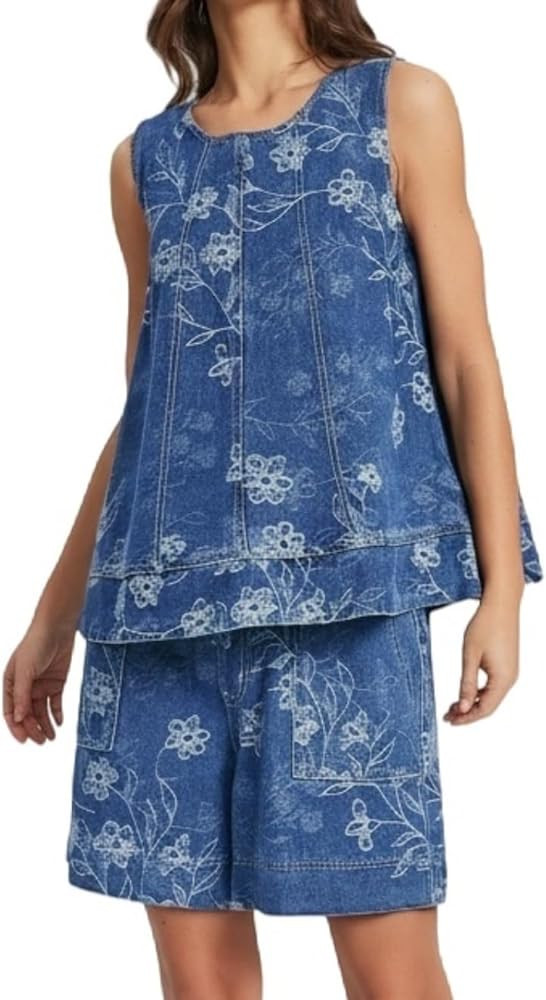 Ladyful Denim Short Sets Women 2 Piece Bermuda Shorts and Matching Top Set Summer Floral Flare Je... | Amazon (US)