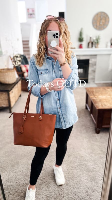 Casual outfit idea from amazon with a lightweight chambray button down shirt, leggings, tote bag, and sneakers. Everything fits TTS. I size up 1 in the button down for a longer, looser fit. 

// Summer outfits 2024,  petite Amazon fashion, casual mom outfit ideas, summer outfit amazon, Amazon outfit ideas, casual outfit ideas, spring outfit inspo, casual fashion, amazon summer fashion, amazon casual outfit, cute casual outfit, outfit inspo, outfits amazon, outfit ideas, amazon shoes, Amazon bag, purse, size 4-6, casual summer outfits, casual outfit ideas everyday, summer tops, summer fashion, summer bag #summeroutfits  

#LTKStyleTip #LTKFindsUnder50 #LTKItBag