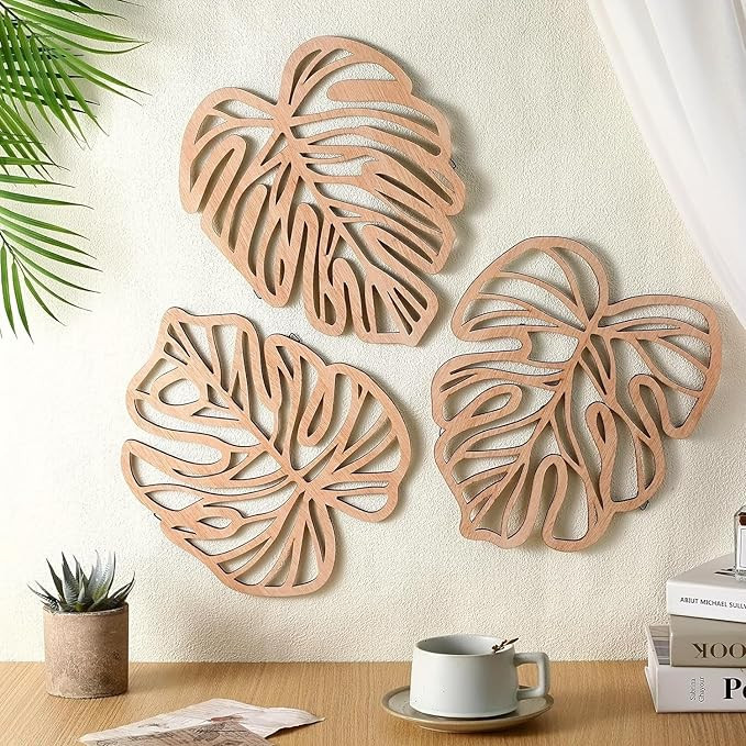 Palm Leaves Wood Wall Decor , 3Pcs Tropical Wall Art Jungle Decor, Wooden Natural Leaves Plant Wa... | Amazon (US)