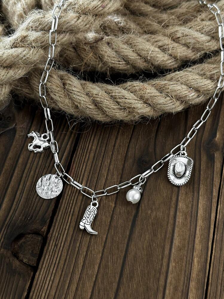 1pc Western Cowgirl Boots, Cowboy Hat, Horse & Geometric Chain Minimalist Necklace For Girls | SHEIN