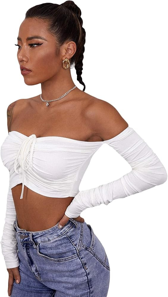 SweatyRocks Women's Elegant Off Shoulder Long Sleeve Drawstring Crop Tops Blouse Shirt | Amazon (US)