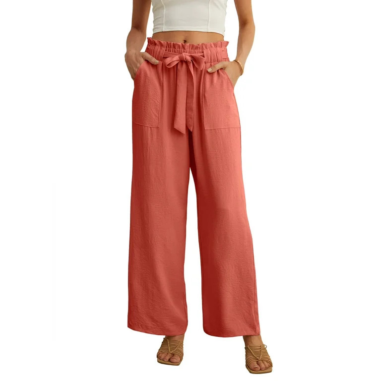 JWD Women's Wide Leg Pants with Pockets High Waist Adjustable Knot Loose Casual Trousers Business... | Walmart (US)