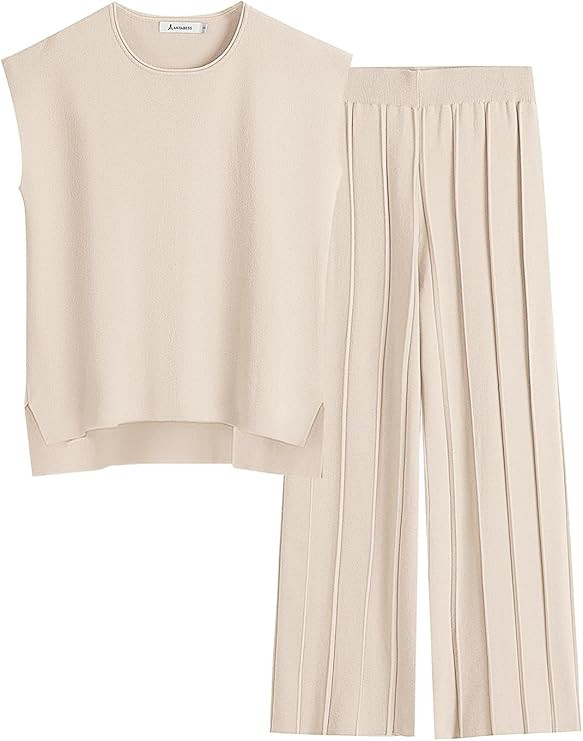 ANRABESS Two Piece Outfits for Women Summer Sweater Sets Knit Pullover Tops Elastic Waisted Pants... | Amazon (US)