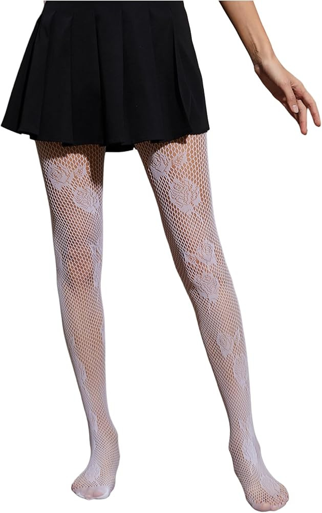 Milumia Women's Floral Lace Fishnet Tights Rose Pattern Sheer Mesh Pantyhose Stockings | Amazon (US)