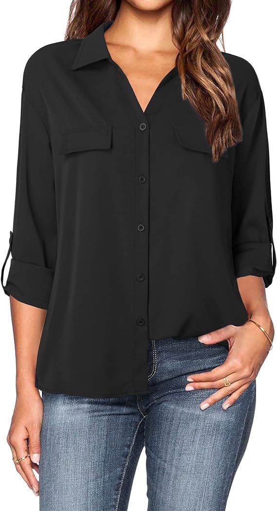 Lotusmile Women's Dressy Lapel Button Down Shirts for Work Office Business Casual Chiffon Blouse ... | Amazon (US)
