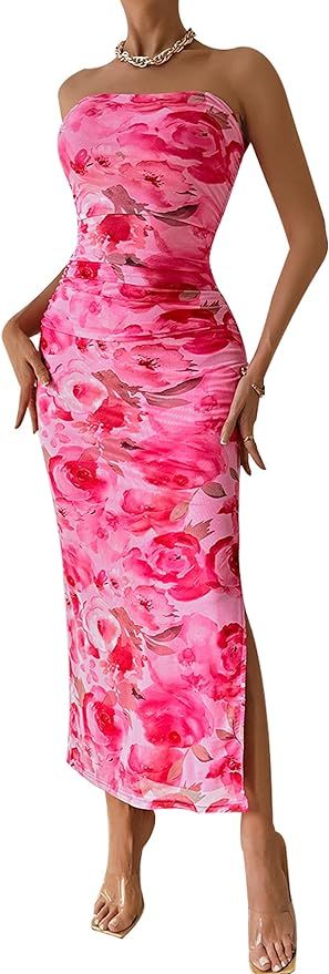 PRETTYGARDEN Womens Summer Strapless Maxi Bodycon Dresses With Club Slit | Amazon (US)