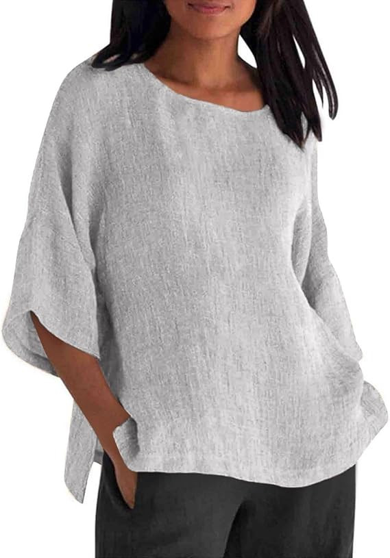 Cotton Linen Shirts for Women Summer Casual Crewneck Pullover Tops Comfy Loose Women's Short Slee... | Amazon (US)