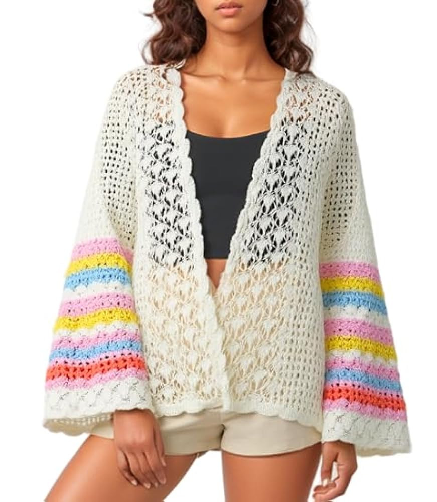 Bell Sleeve Crochet Cardigan for Women White | Lightweight Pointelle Knit Open Front Summer Cardi... | Amazon (US)