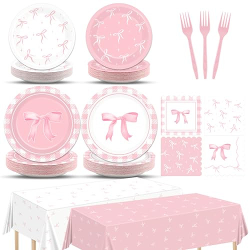 98pcs Pink Bow Party Supplies Bow Birthday Party Plates and Napkin Tablecloth Pink Bow Party Decoration for Girl Bachelorette Bridal Engagement Baby Shower Coquette Cute Tableware Table Cover Serve 24 | Amazon (US)
