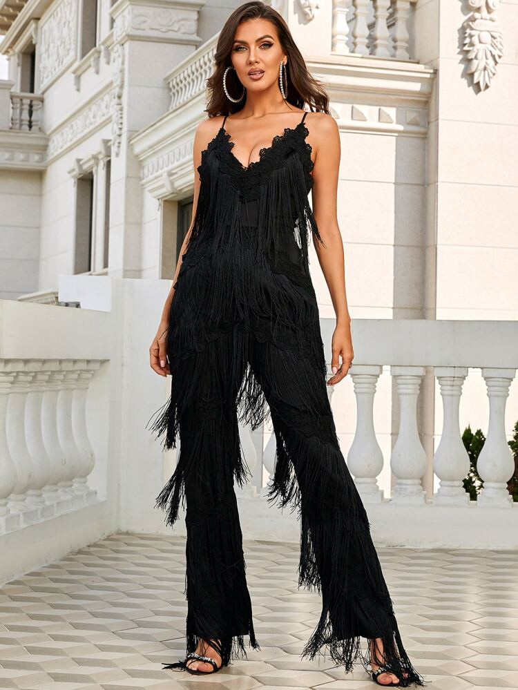 Missord Lace Trim Fringe Cami Jumpsuit | SHEIN