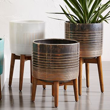 Mid Century Turned Wood Leg Planter- Black & Gold | West Elm (US)