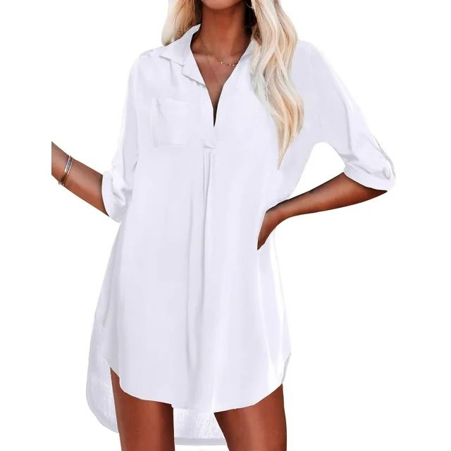 UVN Swimsuit Cover Up 3/4 Sleeve V Neck Shirts for Women Bathing Suit Cover Up Summer Tops | Walmart (US)