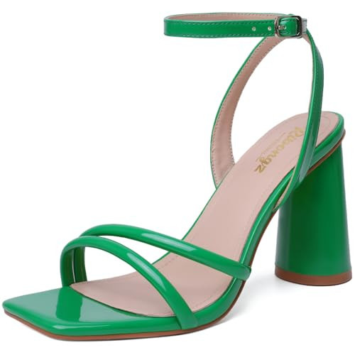 RIBONGZ Green Strappy High Heels for Women Heeled Sandals Square Open Toe Ankle Strap Chunky Wedding Bridal Prom Shoes Block High Heels for Party Dress 6.5 | Amazon (US)