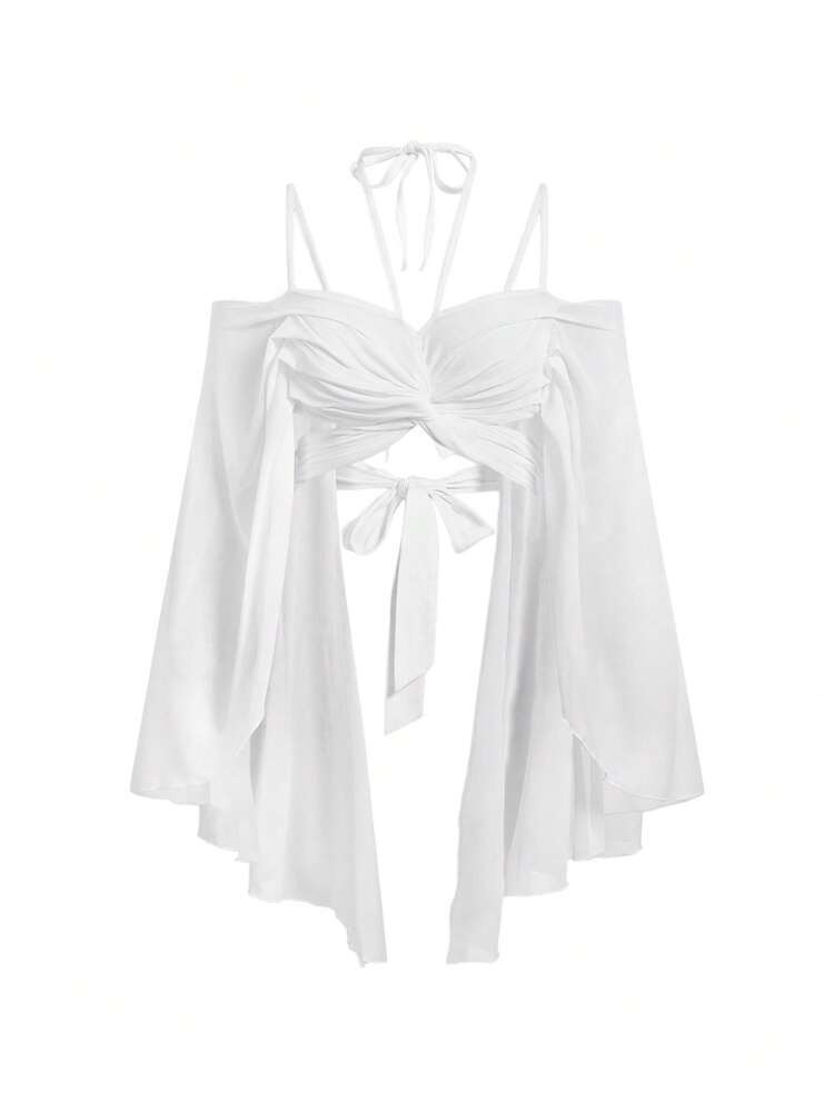ROMWE Y2K Vacation Beach Goth Butterfly Patchwork Flare Sleeve Cropped Top | SHEIN