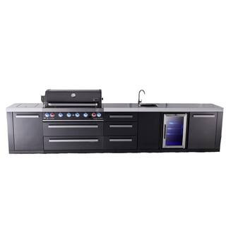 805 Black Series 6-Burner Outdoor Kitchen with Beverage Center Propane Natural Gas Grill Island in Black Stainless Steel | The Home Depot