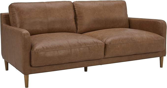 Amazon Brand – Rivet Modern Deep Leather Sofa Couch with Wood Feet, 72"W, Cognac | Amazon (US)
