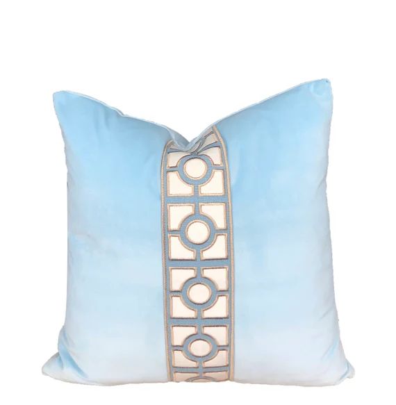 Light Blue Velvet Pillow Cover taupe sky off white ribbon trim | Etsy | Etsy (US)