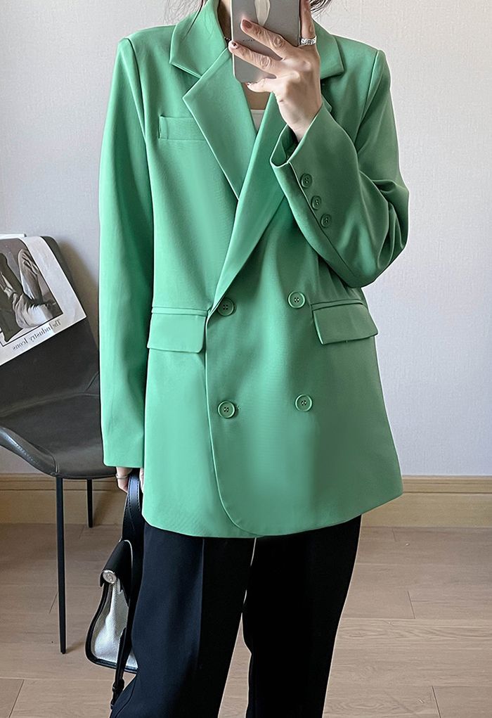 Double-Breasted Flap Pockets Blazer in Green | Chicwish