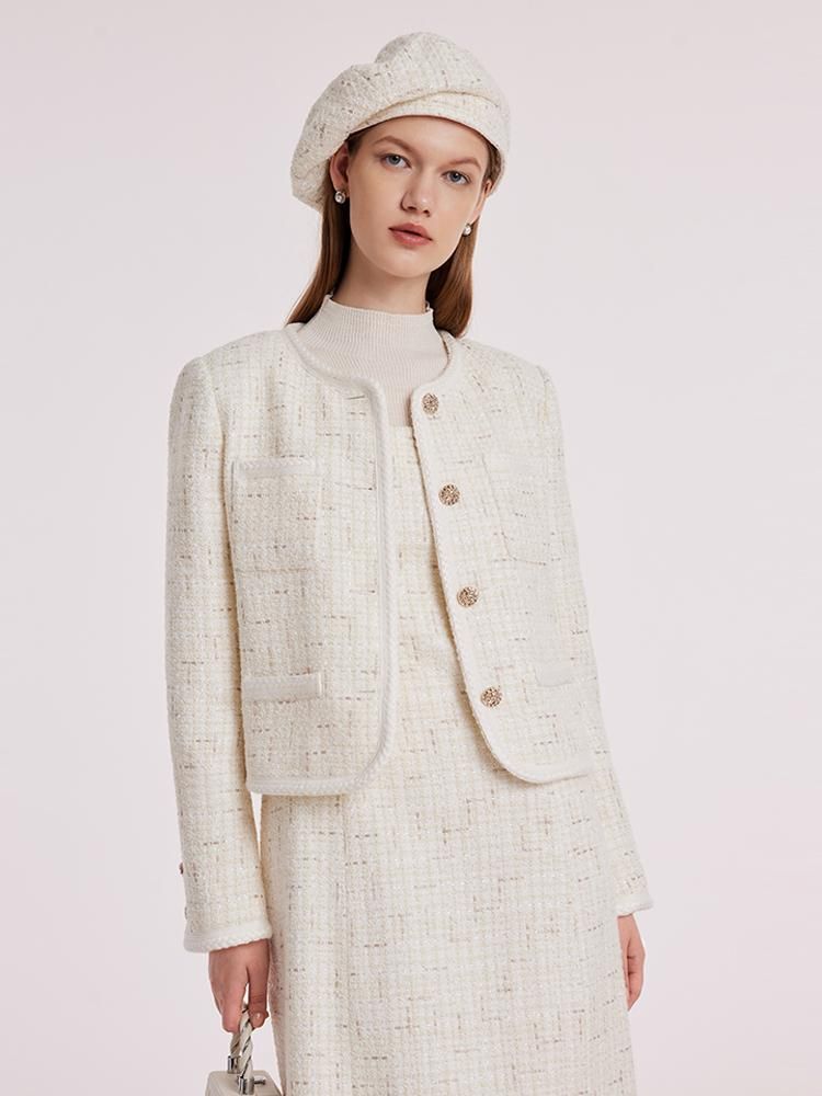 White Knitted Tweed Crop Jacket | GoeliaGlobal