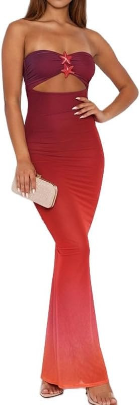 ROAONOCOMO Women Y2K Cut Out Tube Long Dress Strapless Bodycon Maxi Dress Backless Cocktail Party... | Amazon (US)