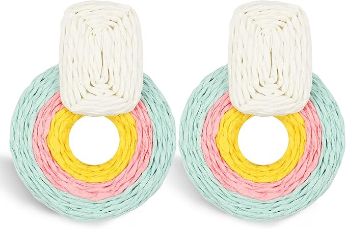 Dangle Raffia Earrings Jewelry for Women, Boho Statement Hot Pink Handmade Unique Summer Tropical... | Amazon (US)