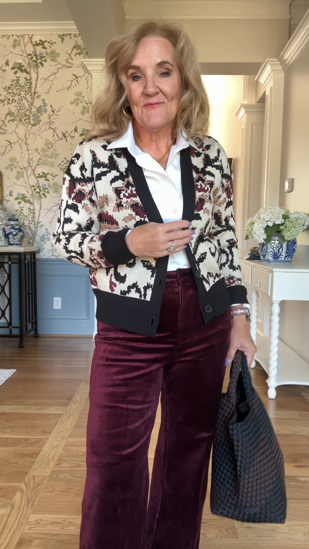 Rich burgandy stretch velvet jeans these are the Paige Anessa a super flattering style. I think they’re supposed to be ankle. But I’m 5’3 so full length. Size 29 

Sweater size medium 

Chicos no iron blouse size 1.0
Brown black woven tote is a favorite 


#LTKSeasonal #LTKItBag #LTKOver40