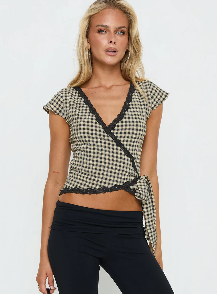 Meltwater Lace Trim Wrap Detail Top Black Check | Princess Polly US