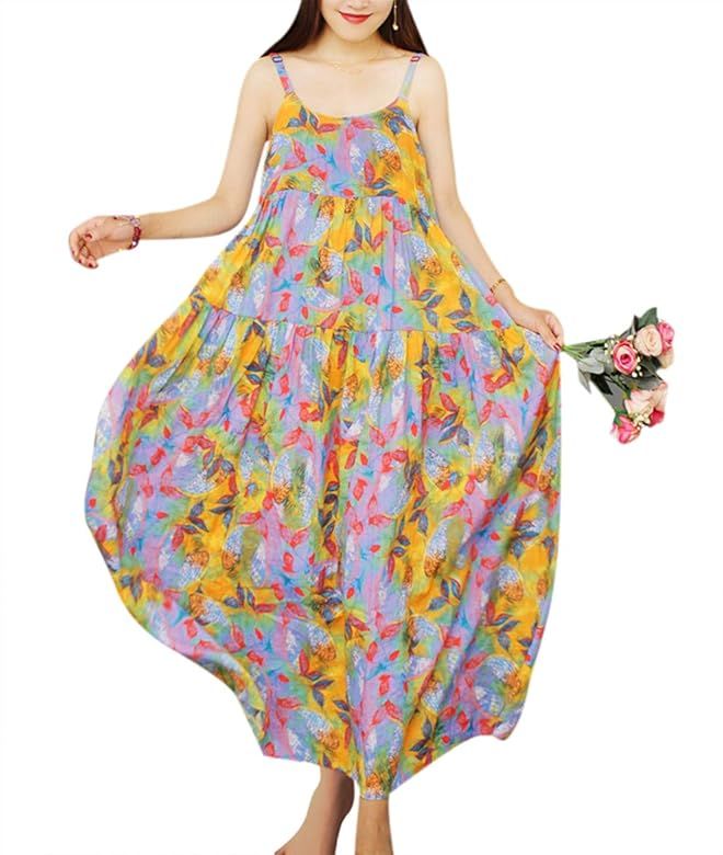 YESNO Women Casual Loose Bohemian Floral Print Dresses Spaghetti Strap Long Maxi Summer Beach Swi... | Amazon (US)
