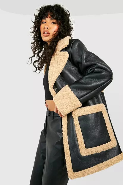 Faux Leather Teddy Trim Coat | Boohoo.com (US & CA)