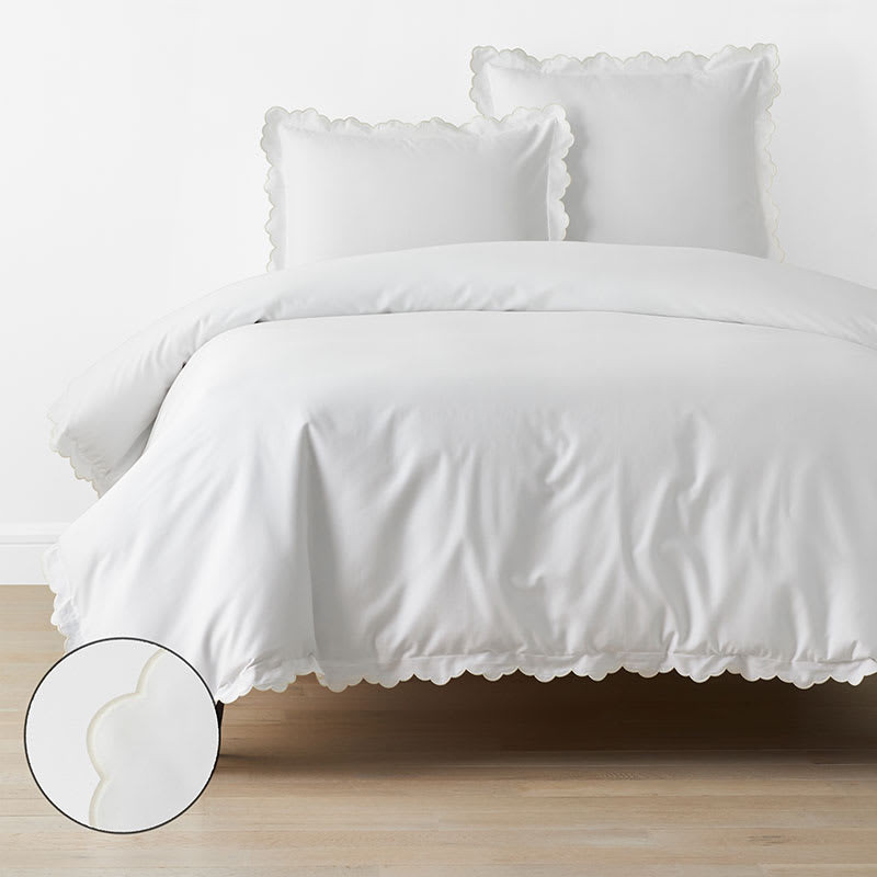 Embroidered Scallop Classic Smooth Sateen Solid Duvet Cover - Ivory, King/Cal King | The Company Store